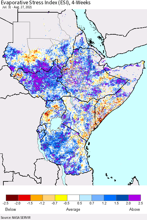 Eastern Africa Evaporative Stress Index (ESI), 4-Weeks Thematic Map For 8/23/2021 - 8/29/2021