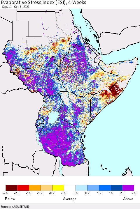 Eastern Africa Evaporative Stress Index (ESI), 4-Weeks Thematic Map For 10/4/2021 - 10/10/2021