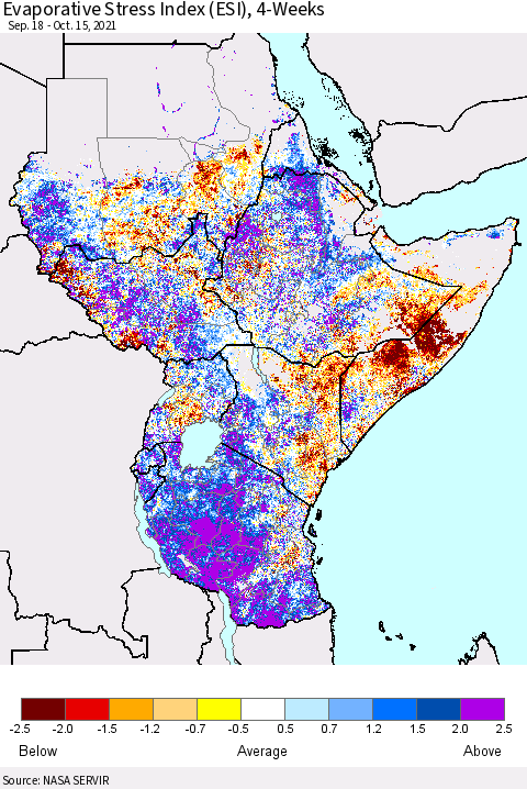 Eastern Africa Evaporative Stress Index (ESI), 4-Weeks Thematic Map For 10/11/2021 - 10/17/2021