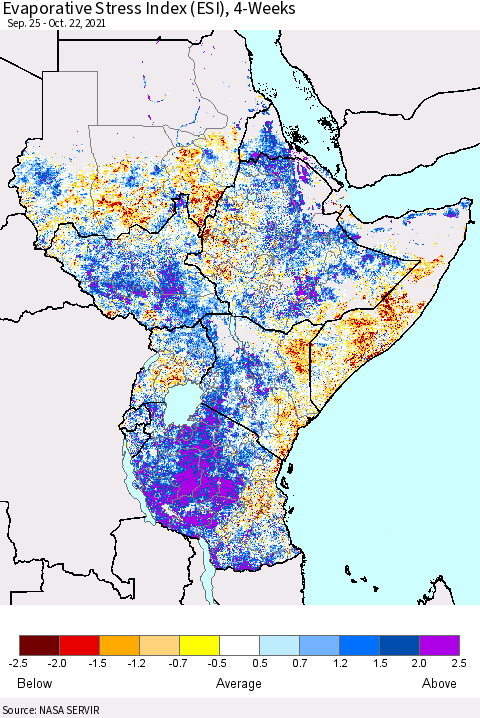 Eastern Africa Evaporative Stress Index (ESI), 4-Weeks Thematic Map For 10/18/2021 - 10/24/2021