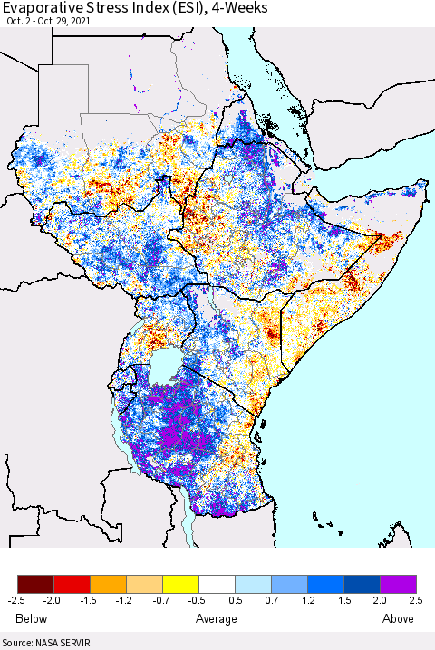 Eastern Africa Evaporative Stress Index (ESI), 4-Weeks Thematic Map For 10/25/2021 - 10/31/2021