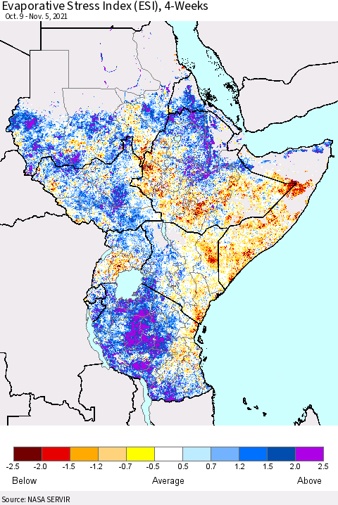 Eastern Africa Evaporative Stress Index (ESI), 4-Weeks Thematic Map For 11/1/2021 - 11/7/2021