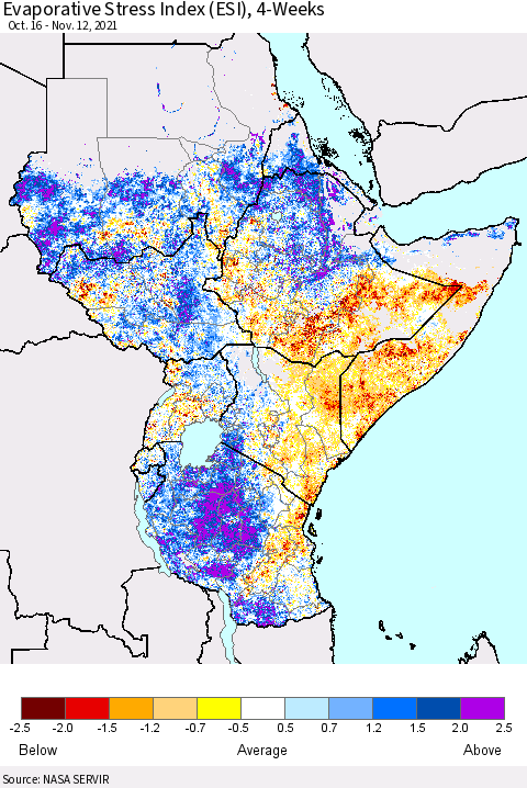 Eastern Africa Evaporative Stress Index (ESI), 4-Weeks Thematic Map For 11/8/2021 - 11/14/2021
