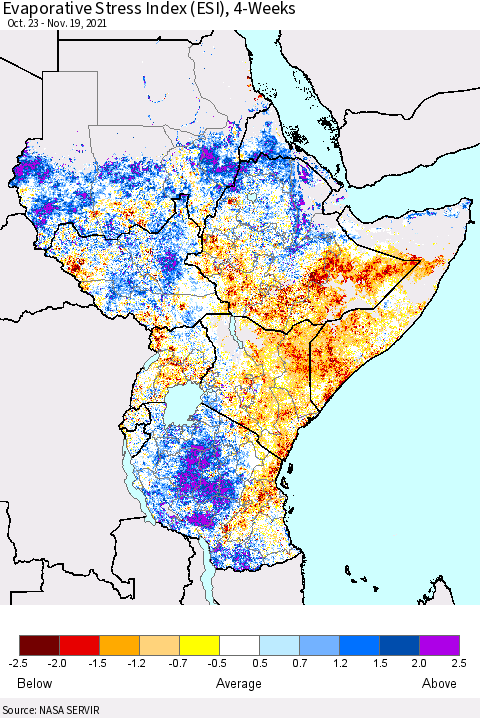 Eastern Africa Evaporative Stress Index (ESI), 4-Weeks Thematic Map For 11/15/2021 - 11/21/2021