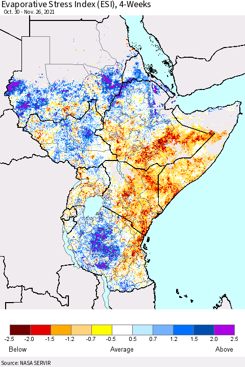 Eastern Africa Evaporative Stress Index (ESI), 4-Weeks Thematic Map For 11/22/2021 - 11/28/2021