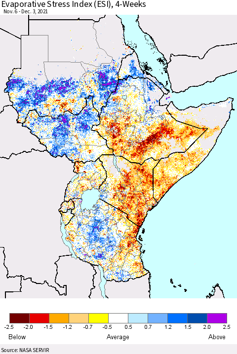 Eastern Africa Evaporative Stress Index (ESI), 4-Weeks Thematic Map For 11/29/2021 - 12/5/2021