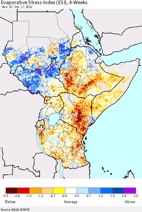 Eastern Africa Evaporative Stress Index (ESI), 4-Weeks Thematic Map For 12/13/2021 - 12/19/2021