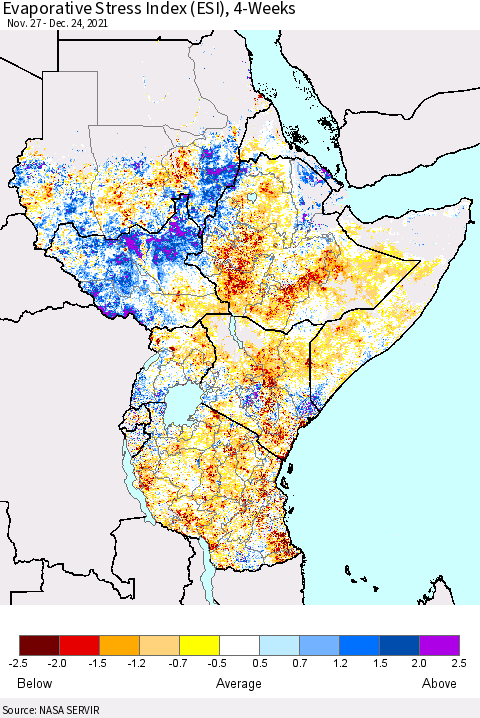 Eastern Africa Evaporative Stress Index 4-Weeks (ESI) Thematic Map For 12/20/2021 - 12/26/2021