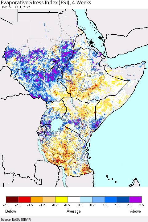 Eastern Africa Evaporative Stress Index (ESI), 4-Weeks Thematic Map For 12/27/2021 - 1/2/2022