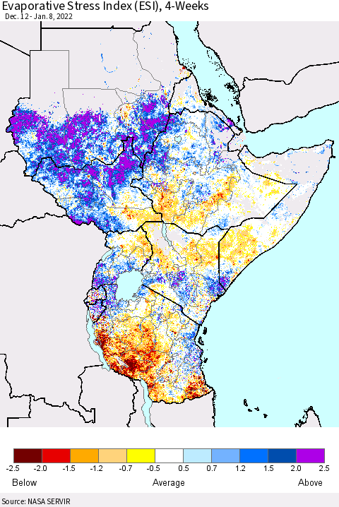 Eastern Africa Evaporative Stress Index (ESI), 4-Weeks Thematic Map For 1/3/2022 - 1/9/2022