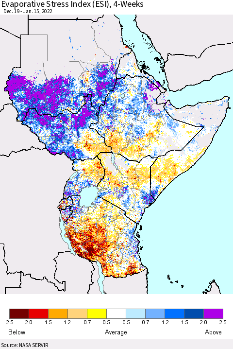 Eastern Africa Evaporative Stress Index (ESI), 4-Weeks Thematic Map For 1/10/2022 - 1/16/2022