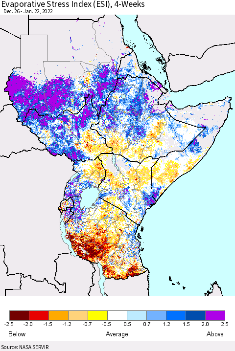 Eastern Africa Evaporative Stress Index (ESI), 4-Weeks Thematic Map For 1/17/2022 - 1/23/2022