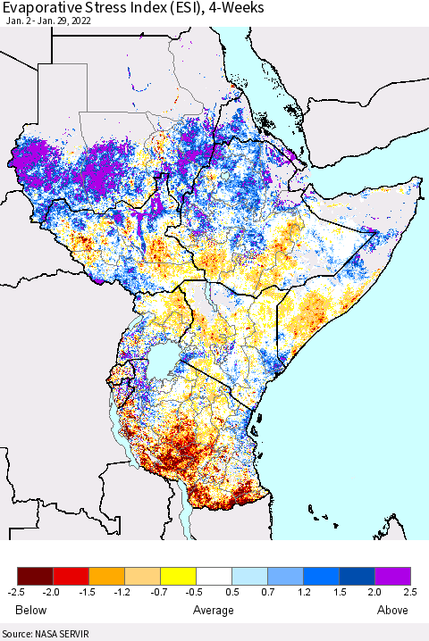 Eastern Africa Evaporative Stress Index (ESI), 4-Weeks Thematic Map For 1/24/2022 - 1/30/2022