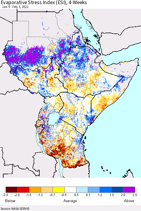 Eastern Africa Evaporative Stress Index (ESI), 4-Weeks Thematic Map For 1/31/2022 - 2/6/2022