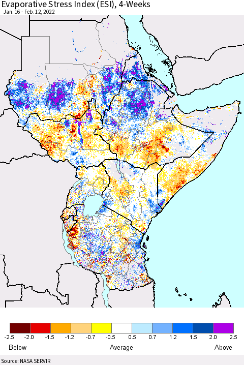 Eastern Africa Evaporative Stress Index (ESI), 4-Weeks Thematic Map For 2/7/2022 - 2/13/2022