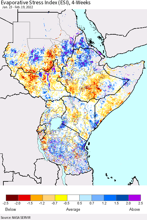Eastern Africa Evaporative Stress Index (ESI), 4-Weeks Thematic Map For 2/14/2022 - 2/20/2022