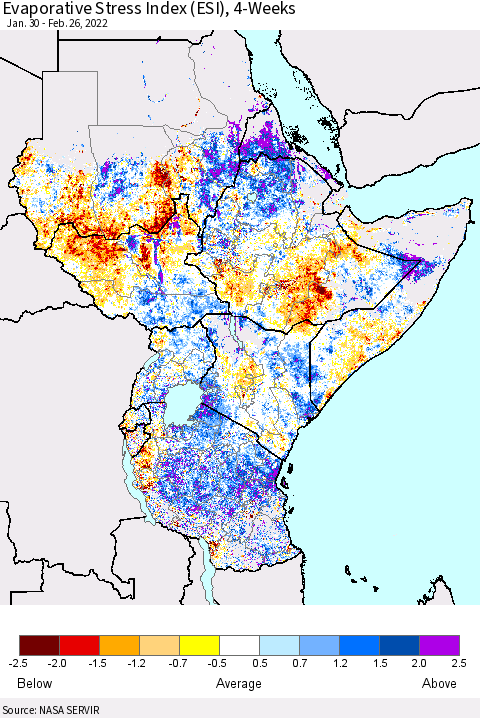 Eastern Africa Evaporative Stress Index (ESI), 4-Weeks Thematic Map For 2/21/2022 - 2/27/2022