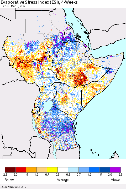 Eastern Africa Evaporative Stress Index (ESI), 4-Weeks Thematic Map For 2/28/2022 - 3/6/2022