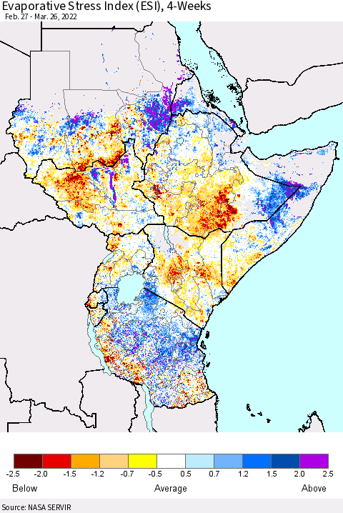 Eastern Africa Evaporative Stress Index (ESI), 4-Weeks Thematic Map For 3/21/2022 - 3/27/2022