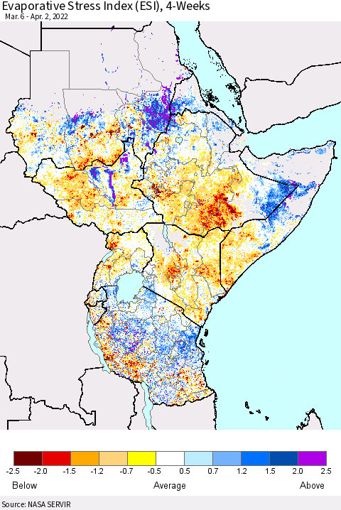 Eastern Africa Evaporative Stress Index (ESI), 4-Weeks Thematic Map For 3/28/2022 - 4/3/2022