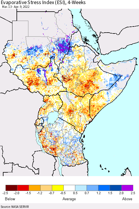 Eastern Africa Evaporative Stress Index (ESI), 4-Weeks Thematic Map For 4/4/2022 - 4/10/2022