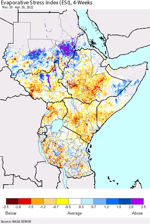 Eastern Africa Evaporative Stress Index (ESI), 4-Weeks Thematic Map For 4/11/2022 - 4/17/2022