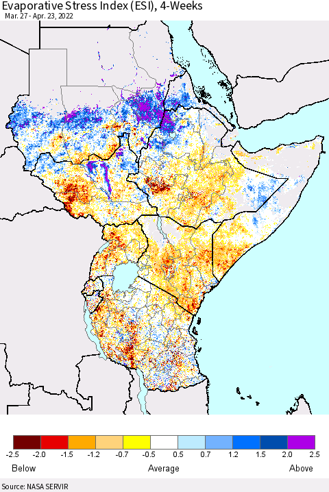Eastern Africa Evaporative Stress Index (ESI), 4-Weeks Thematic Map For 4/18/2022 - 4/24/2022