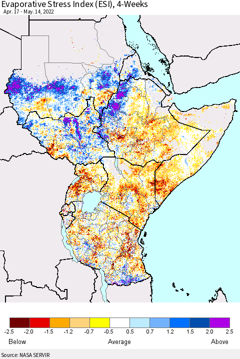 Eastern Africa Evaporative Stress Index (ESI), 4-Weeks Thematic Map For 5/9/2022 - 5/15/2022