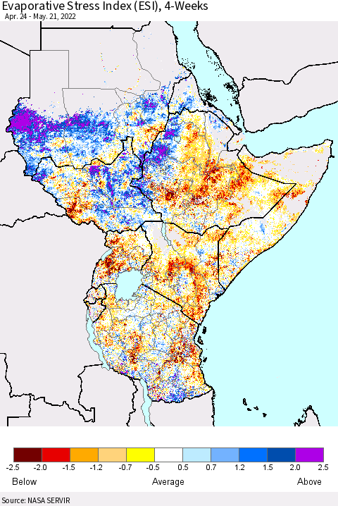 Eastern Africa Evaporative Stress Index (ESI), 4-Weeks Thematic Map For 5/16/2022 - 5/22/2022