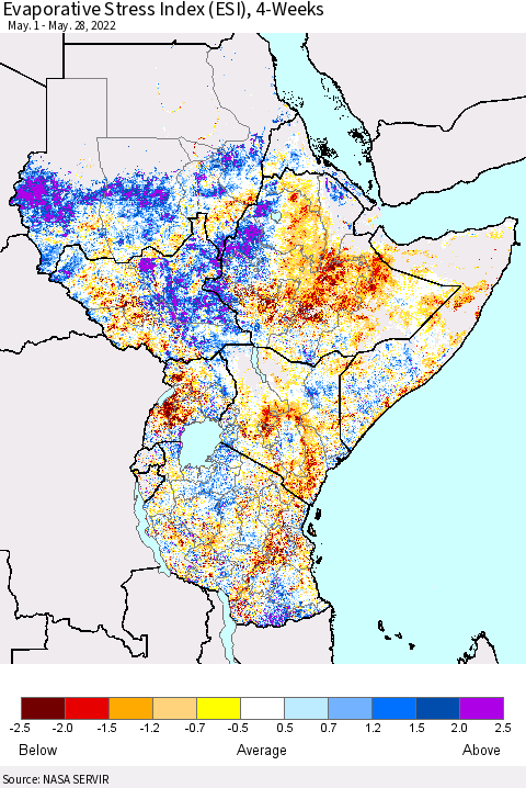Eastern Africa Evaporative Stress Index (ESI), 4-Weeks Thematic Map For 5/23/2022 - 5/29/2022