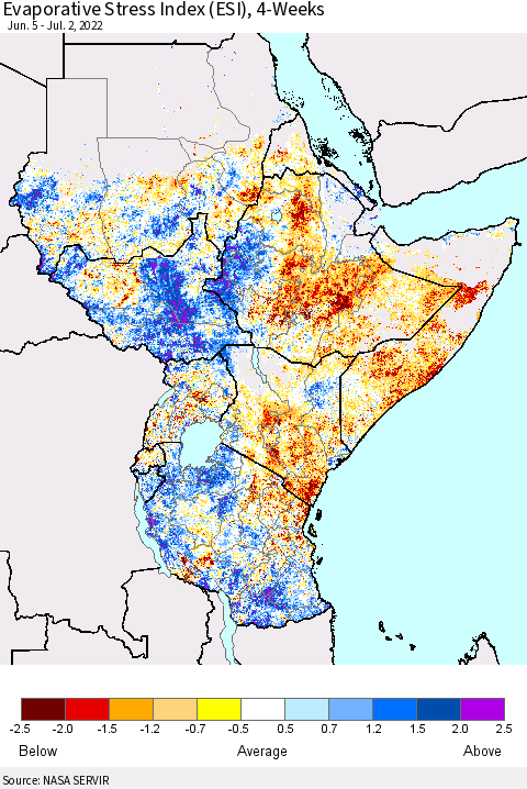 Eastern Africa Evaporative Stress Index (ESI), 4-Weeks Thematic Map For 6/27/2022 - 7/3/2022