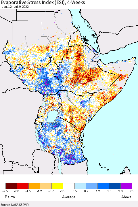 Eastern Africa Evaporative Stress Index (ESI), 4-Weeks Thematic Map For 7/4/2022 - 7/10/2022