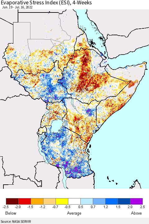 Eastern Africa Evaporative Stress Index (ESI), 4-Weeks Thematic Map For 7/11/2022 - 7/17/2022