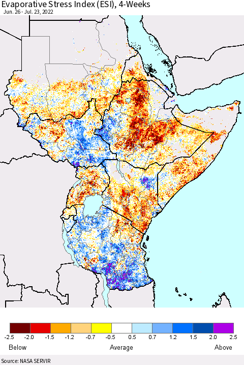 Eastern Africa Evaporative Stress Index (ESI), 4-Weeks Thematic Map For 7/18/2022 - 7/24/2022