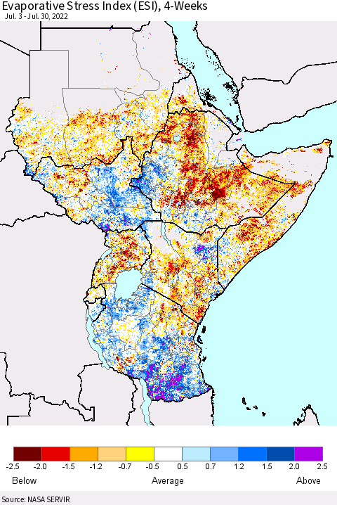 Eastern Africa Evaporative Stress Index (ESI), 4-Weeks Thematic Map For 7/25/2022 - 7/31/2022