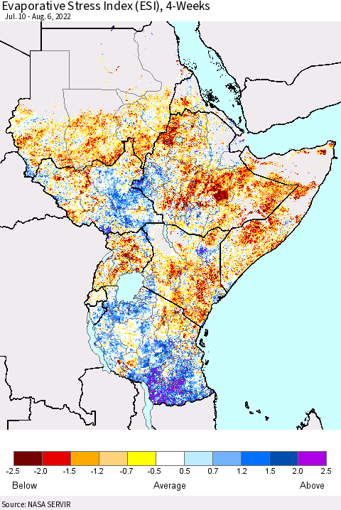 Eastern Africa Evaporative Stress Index (ESI), 4-Weeks Thematic Map For 8/1/2022 - 8/7/2022