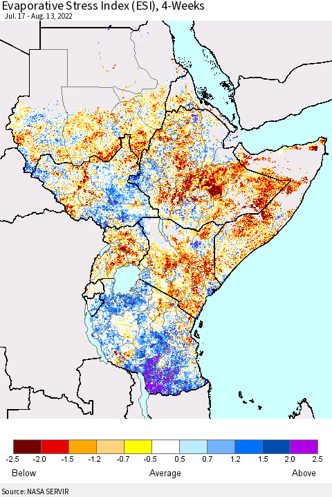 Eastern Africa Evaporative Stress Index (ESI), 4-Weeks Thematic Map For 8/8/2022 - 8/14/2022