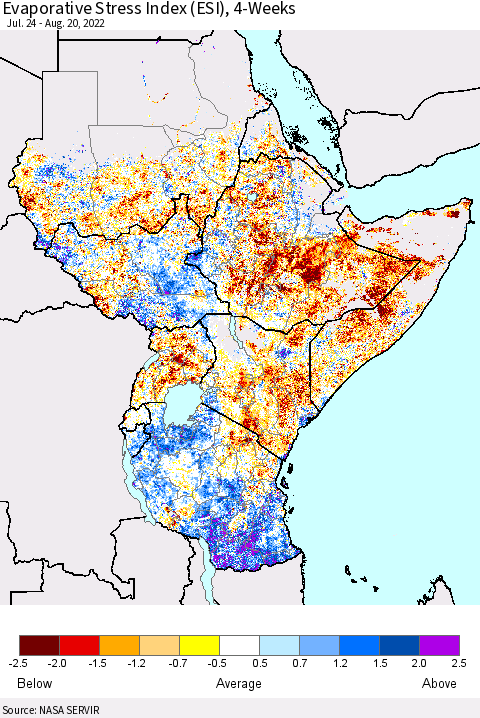 Eastern Africa Evaporative Stress Index (ESI), 4-Weeks Thematic Map For 8/15/2022 - 8/21/2022