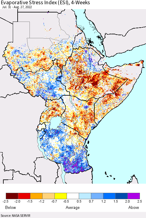 Eastern Africa Evaporative Stress Index (ESI), 4-Weeks Thematic Map For 8/22/2022 - 8/28/2022