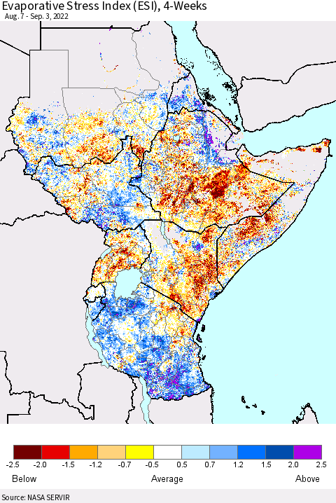 Eastern Africa Evaporative Stress Index (ESI), 4-Weeks Thematic Map For 8/29/2022 - 9/4/2022
