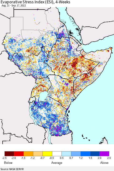 Eastern Africa Evaporative Stress Index (ESI), 4-Weeks Thematic Map For 9/12/2022 - 9/18/2022