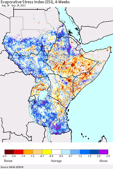 Eastern Africa Evaporative Stress Index (ESI), 4-Weeks Thematic Map For 9/19/2022 - 9/25/2022