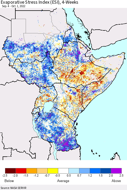 Eastern Africa Evaporative Stress Index (ESI), 4-Weeks Thematic Map For 9/26/2022 - 10/2/2022