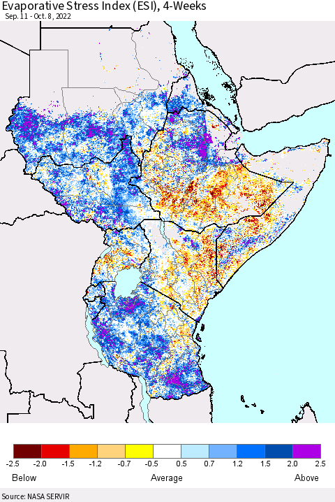 Eastern Africa Evaporative Stress Index (ESI), 4-Weeks Thematic Map For 10/3/2022 - 10/9/2022