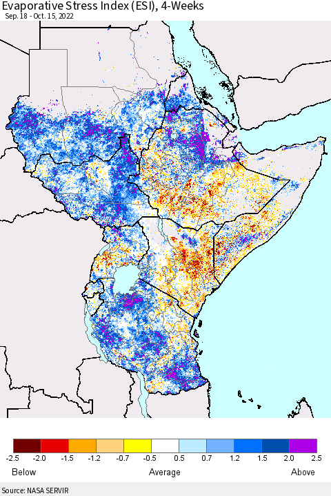 Eastern Africa Evaporative Stress Index (ESI), 4-Weeks Thematic Map For 10/10/2022 - 10/16/2022