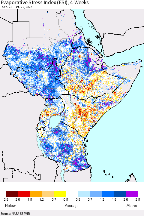 Eastern Africa Evaporative Stress Index (ESI), 4-Weeks Thematic Map For 10/17/2022 - 10/23/2022