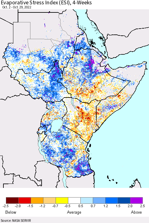 Eastern Africa Evaporative Stress Index (ESI), 4-Weeks Thematic Map For 10/24/2022 - 10/30/2022