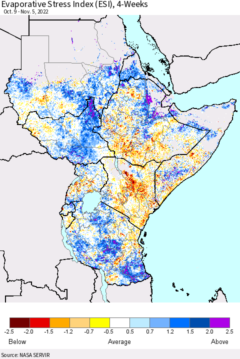 Eastern Africa Evaporative Stress Index (ESI), 4-Weeks Thematic Map For 10/31/2022 - 11/6/2022