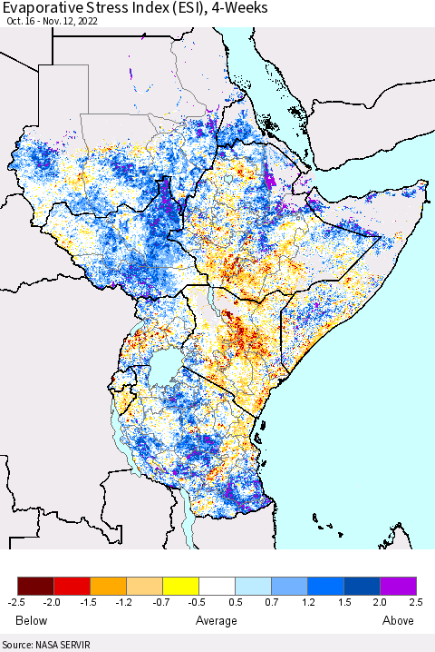 Eastern Africa Evaporative Stress Index (ESI), 4-Weeks Thematic Map For 11/7/2022 - 11/13/2022