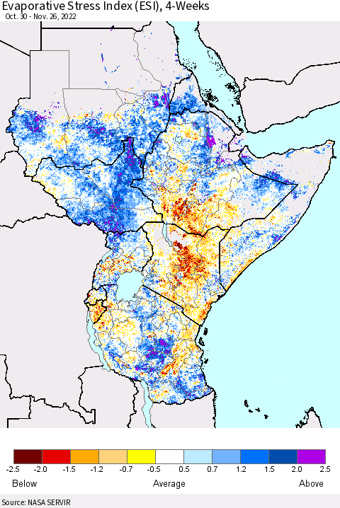 Eastern Africa Evaporative Stress Index (ESI), 4-Weeks Thematic Map For 11/21/2022 - 11/27/2022